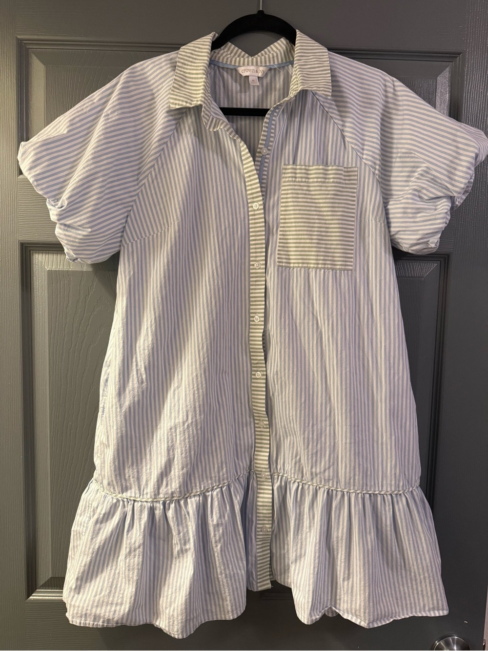 crown & ivy Light Blue and White Striped Ruffle-Hem Shirt Dress